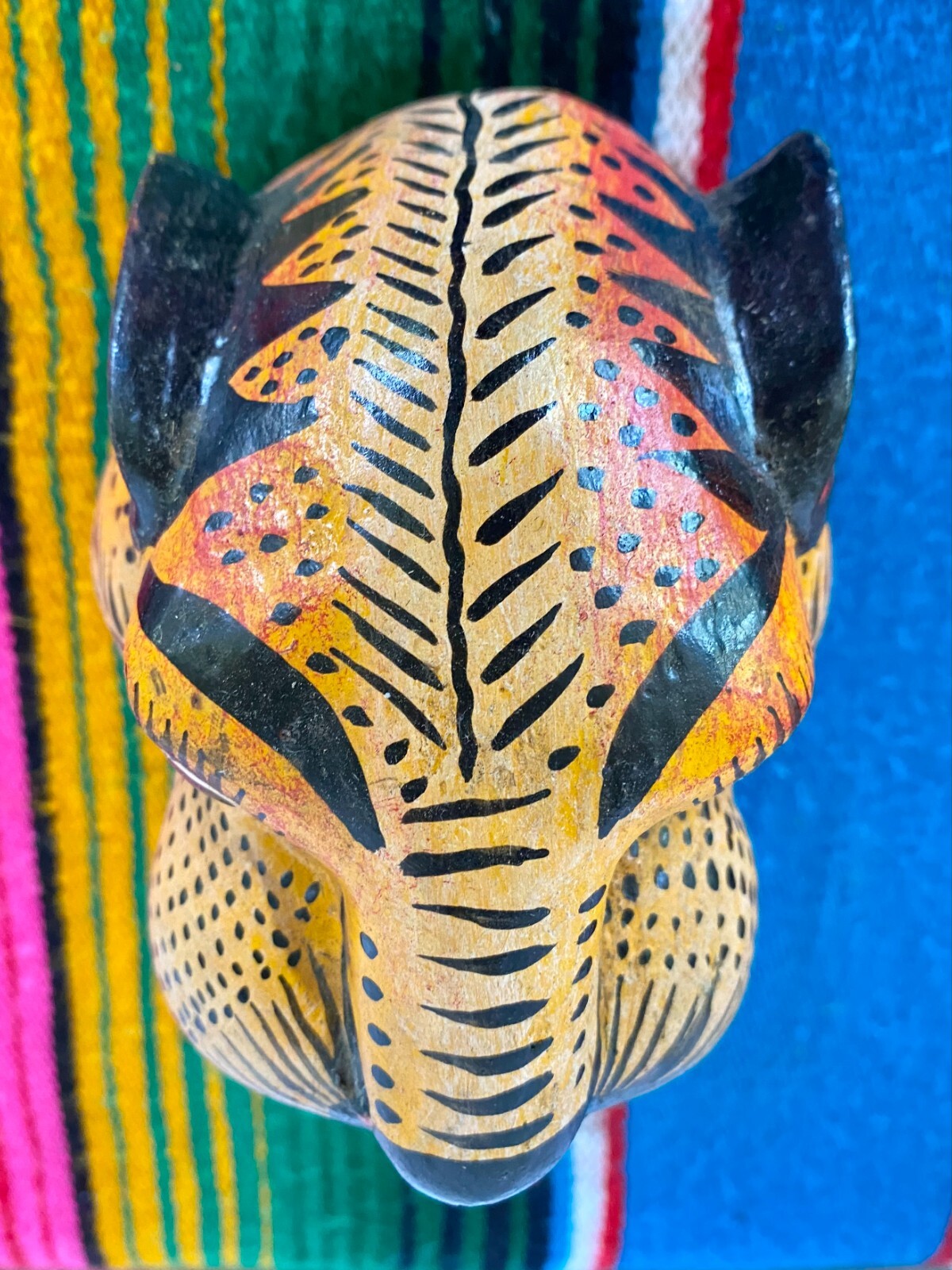 Mexican Folk Art Carved Wood Jaguar Leopard Cat Head Lion Face Mask Guerrero 5"