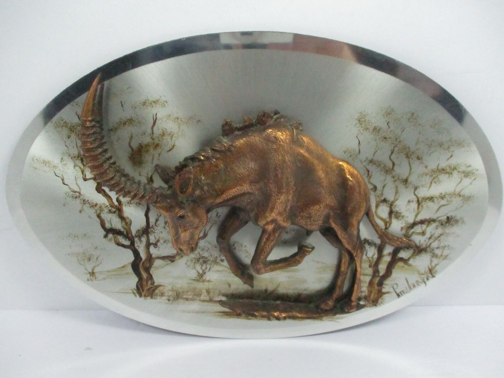 3D Wall Art Oval Shape Antelope Figure Enameled Copper - Signed Pat Johnson
