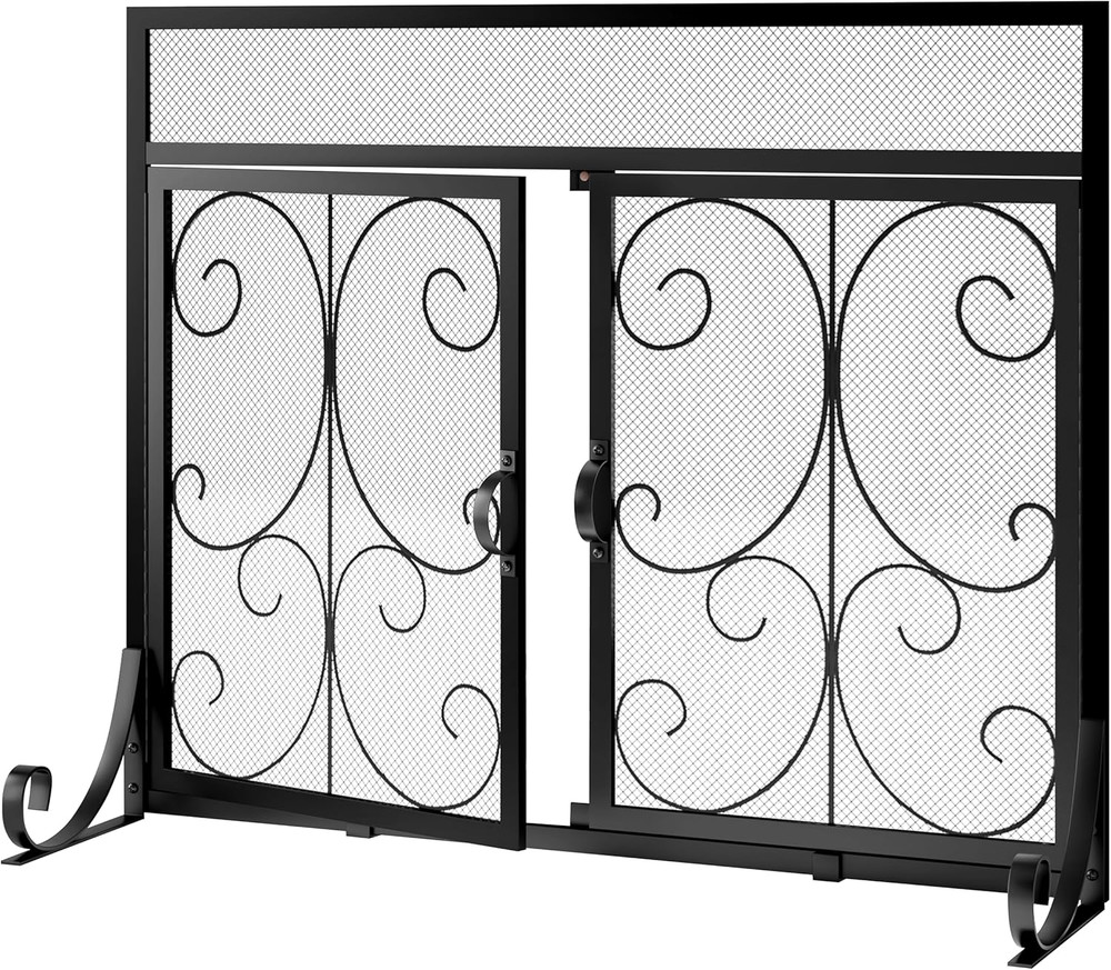Flat Fireplace Screen with Doors, Wrought Iron Frame with Metal Mesh, Flat Panel