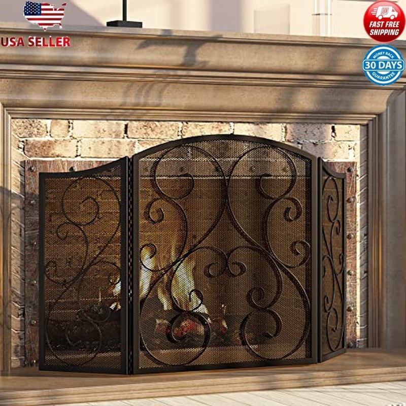Wrought Iron Fireplace Screen 3 Panel Foldable Spark Guard Safety Protector New