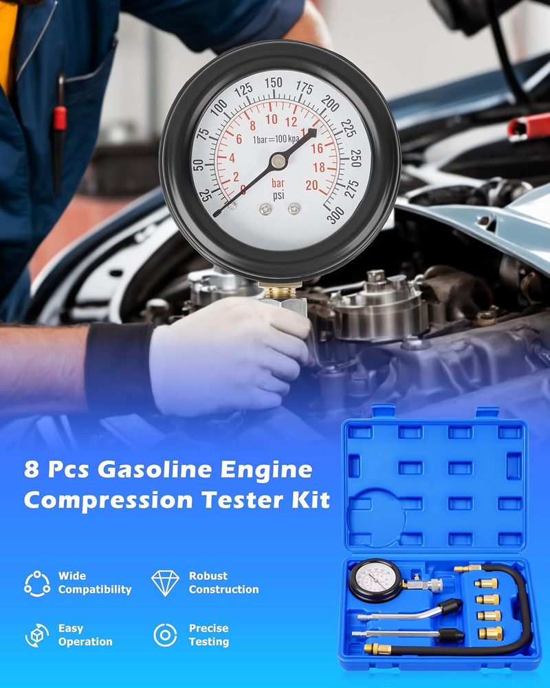 Professional Petrol Engine Compression Tester Kit Set for Car Motorcycle 8 Pcs