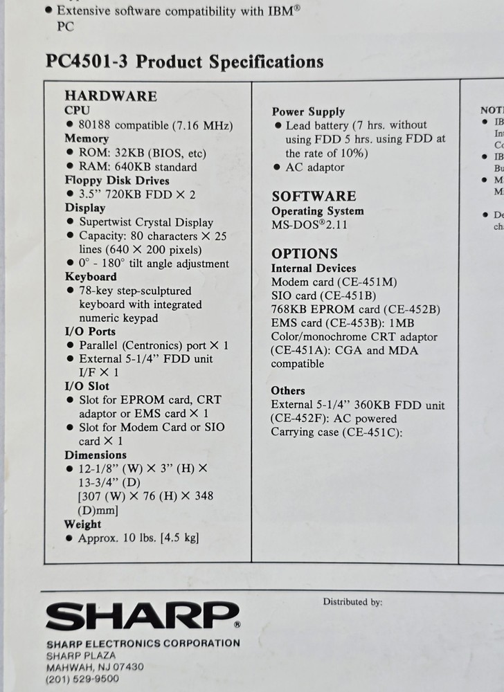 Sharp - PC-4501-3 Laptop Computer - Product Specifications Handout (1 Sheet)