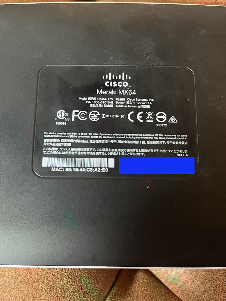 Cisco Meraki MX64-HW Cloud Managed Firewall - Unclaimed