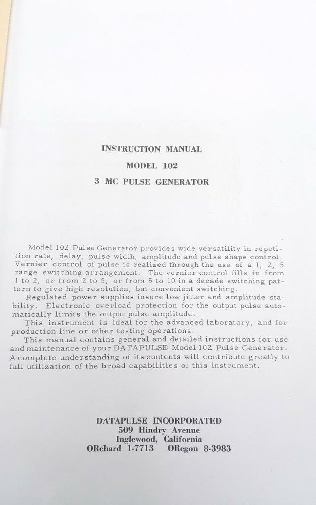 DataPulse Model 102 3 MC Pulse Generator Instruction Manual