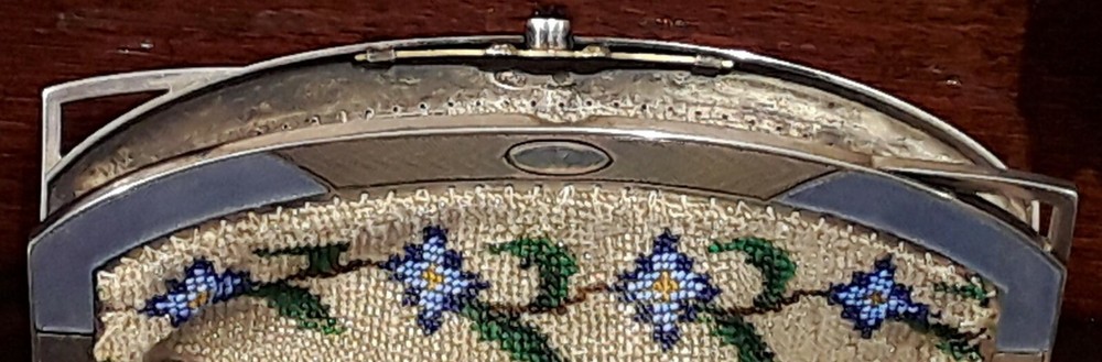 RUSSIAN SILVER ENAMEL FRAME FABERGE WITH BEADWORK PURSE