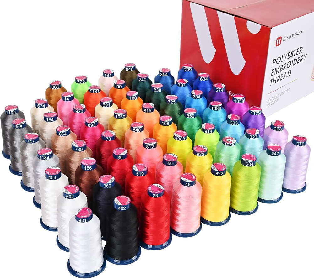 Richword 60 Colors 40WT (108D/2) Polyester Thread Kit+Prewound Bobbins, Plastic