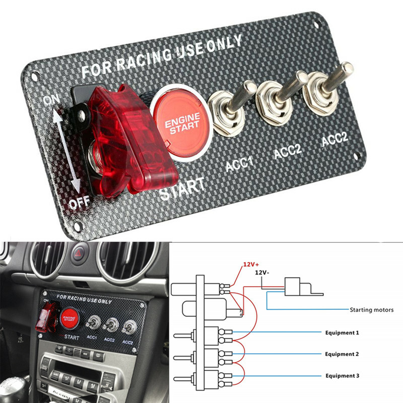 Red Button Ignition Engine Racing Start Push Carbon Fiber Panel 4 Toggle Button