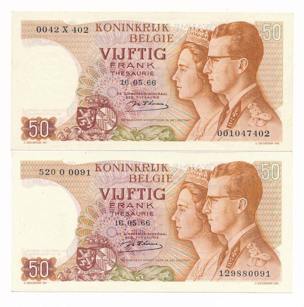 Belgium 50 Francs 1966  P. 139 aUnc Notes - 2 Notes -