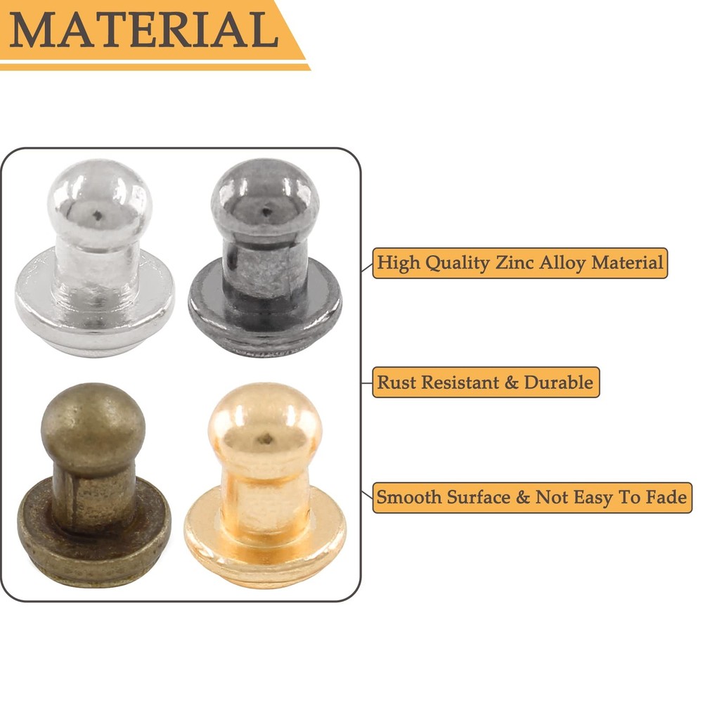 100Set 5mm Round Head Button Studs Solid Button Stud Screw Leather Button Riv...