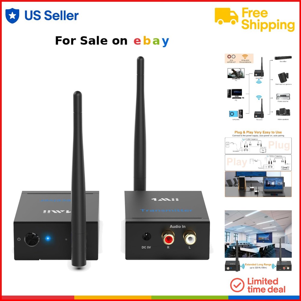 Wireless Audio Transmitter Receiver RCA AUX Long Range 320ft HiFi Audio Kit