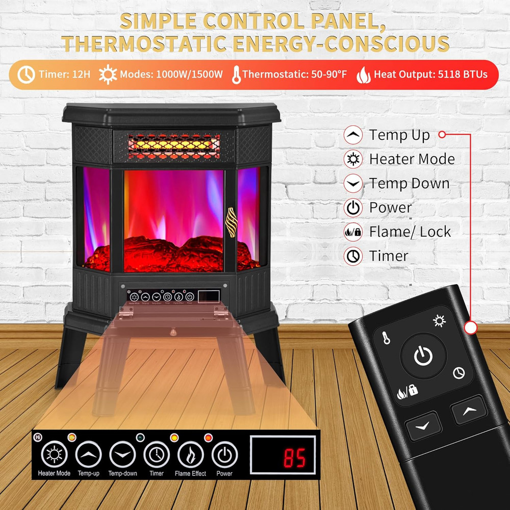 22" Electric Fireplace Heater with 3D Flame, Remote, Timer & Safety Features