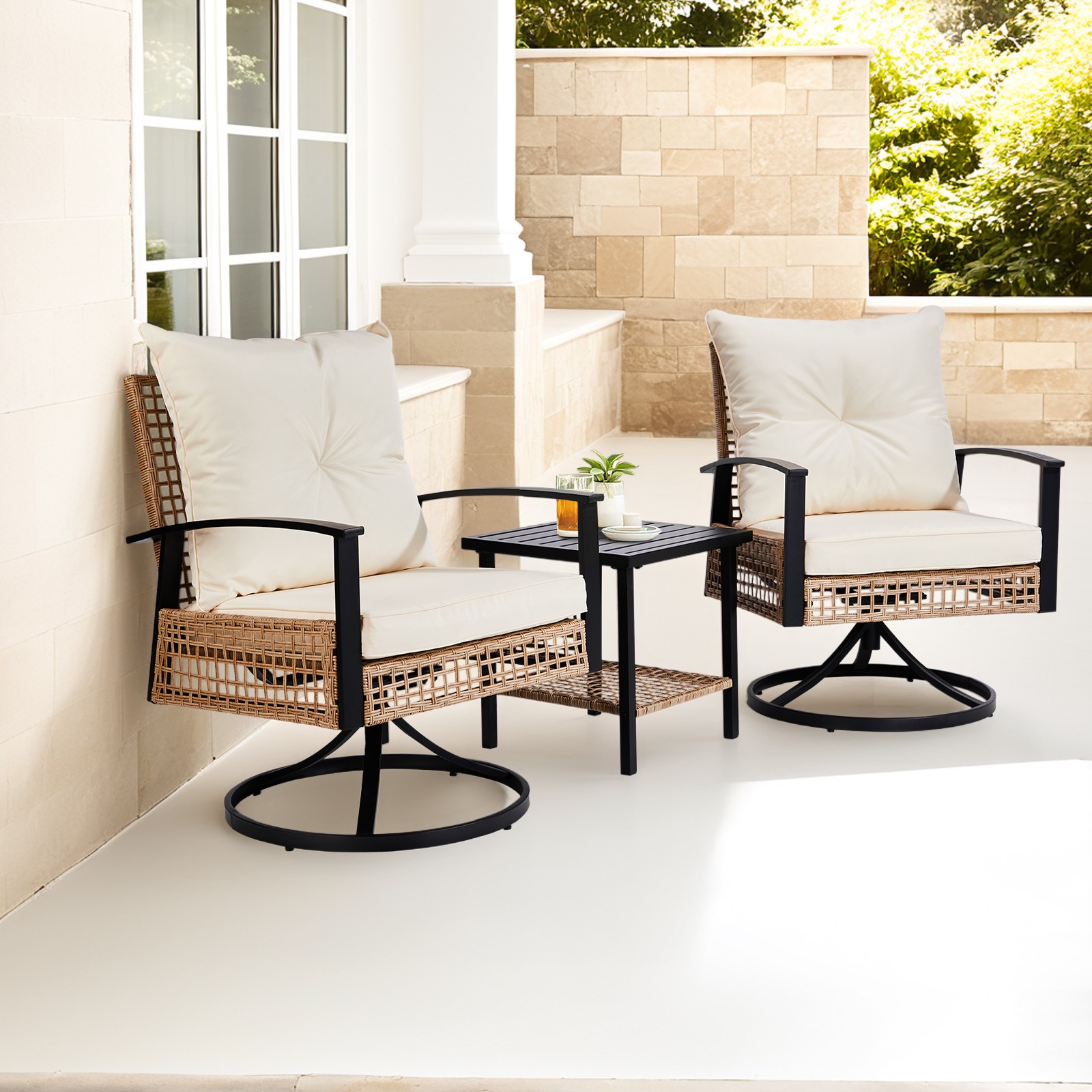 Set of 3 In/Outdoor Garden Swivel Rocker Patio Chairs and Table 360 Degrees