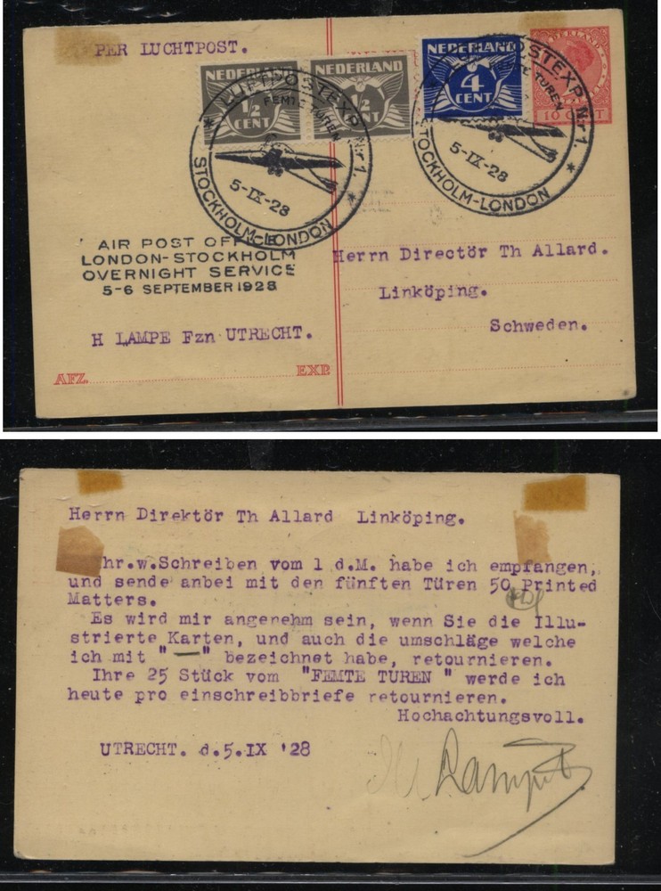 Netherlands  post card  1928 overnight flight          MS0422