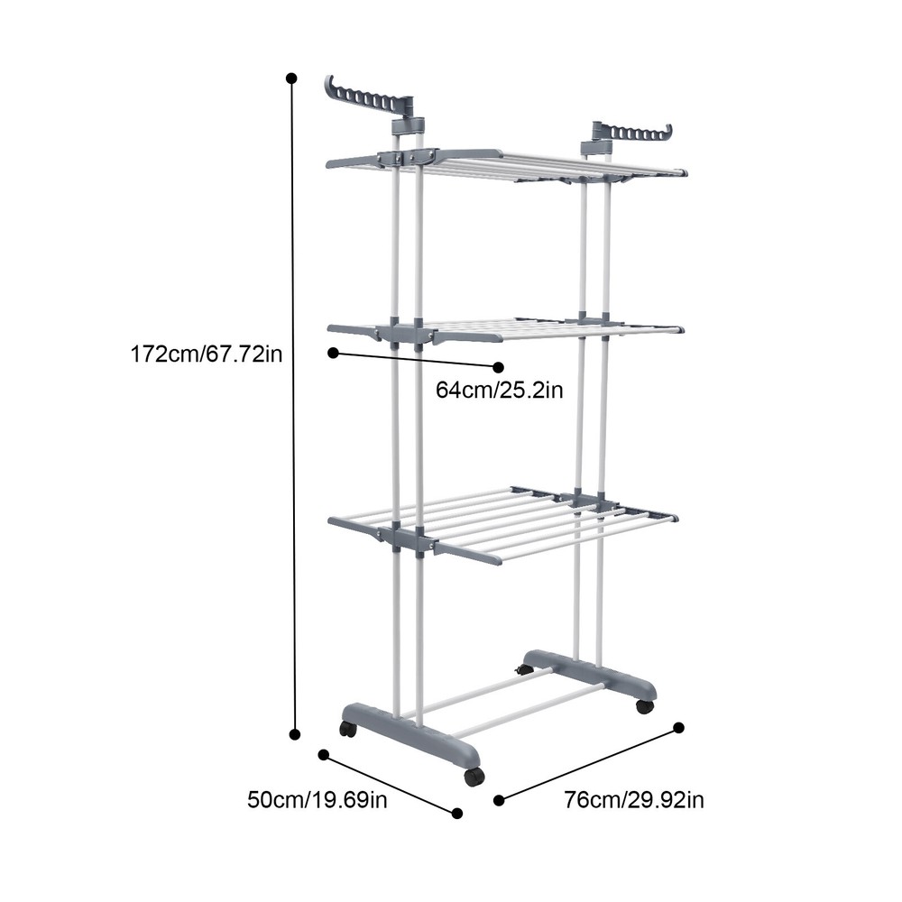 67" Portable Folding Drying Rack with Retractable Trays & Stable Structure