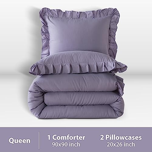 Grayish Lavender Comforter Set, 3 Pieces Solid Ruffle Bedding Queen Purple