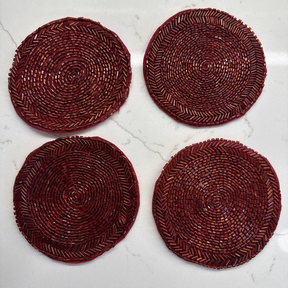 Beaded Christmas 8 Drink Coasters & 3 Flatware Stocking Holders