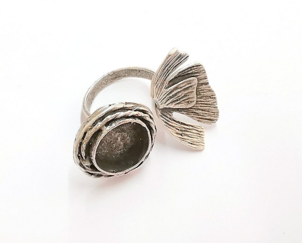 Flower Silver Ring Setting Blank Cabochon Ring Mounting Adjustable Brass G21098