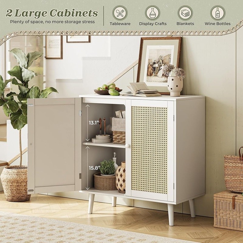 Walnut Rattan Cabinet Entryway Storage Sideboard Buffet Table Organizer New
