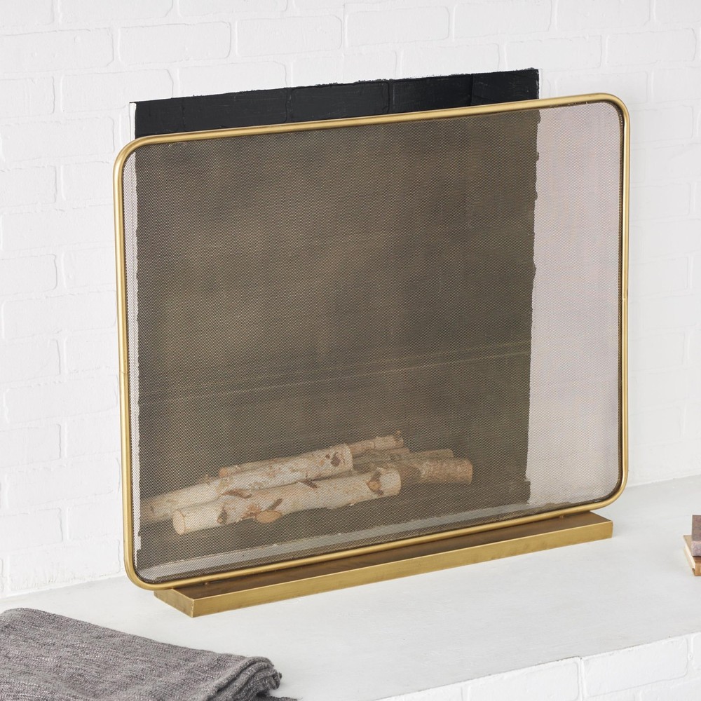 Metal Geometric 1 Panel Fireplace Screen with Rounded Edges and Rectangular B...