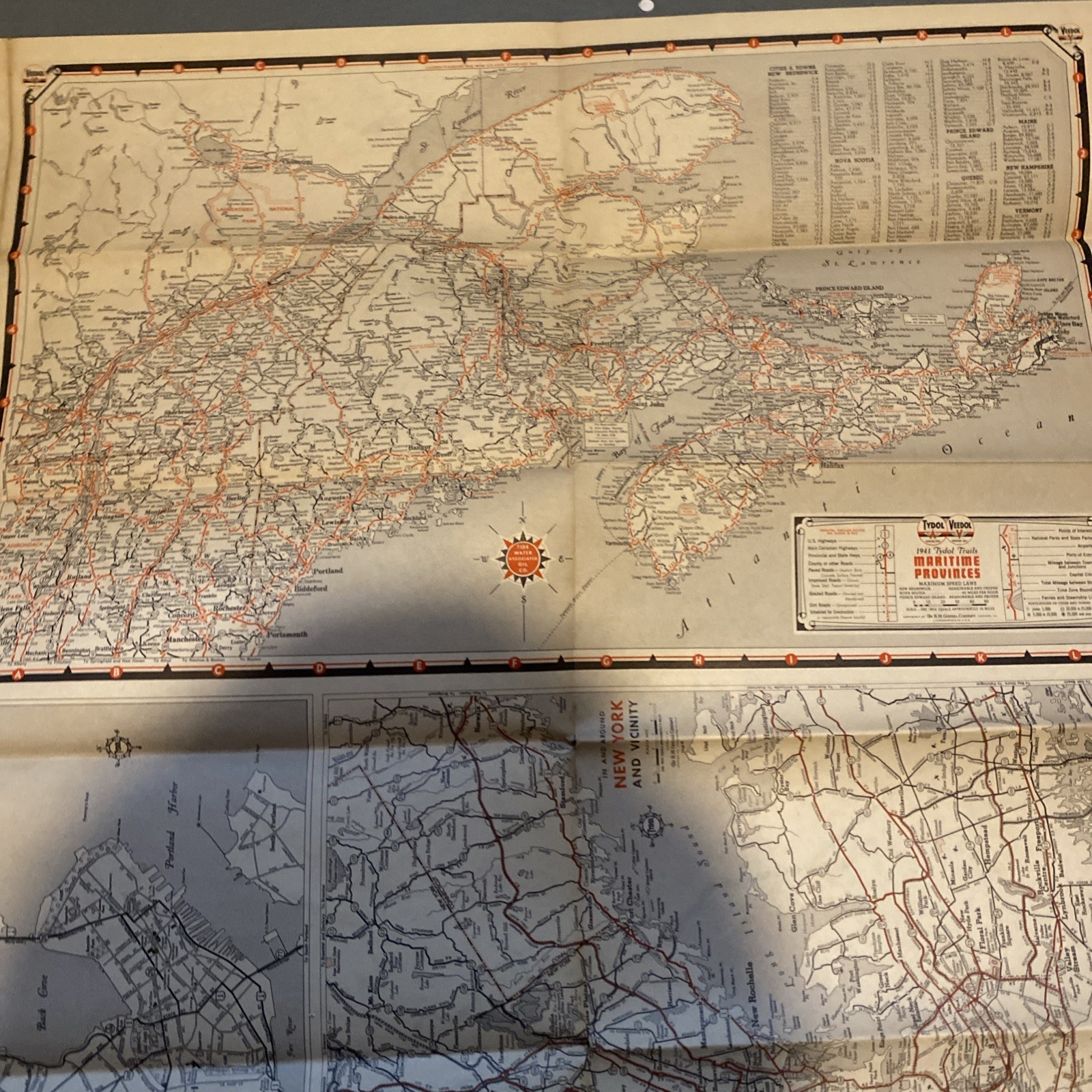 1941 Maine Maritime Province Road Map Tydol Flying A Gas Oil Advertising F32