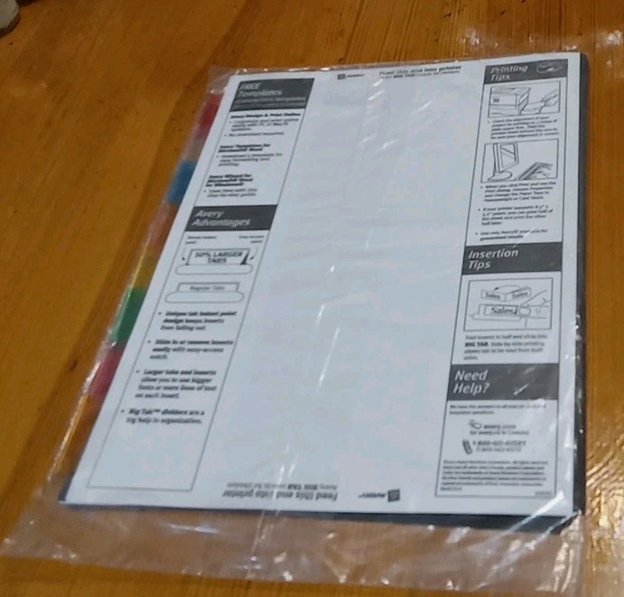 Avery 8-Tab Big Tab Insertable COLORED Dividers #81311 ONE SET Printable Inserts