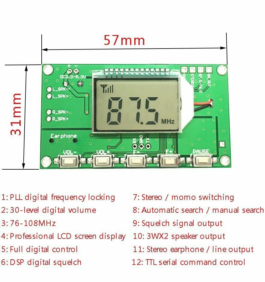 76-108MHz Digital FM Receive Module DSP PLL Wireless Stereo Microphone Module