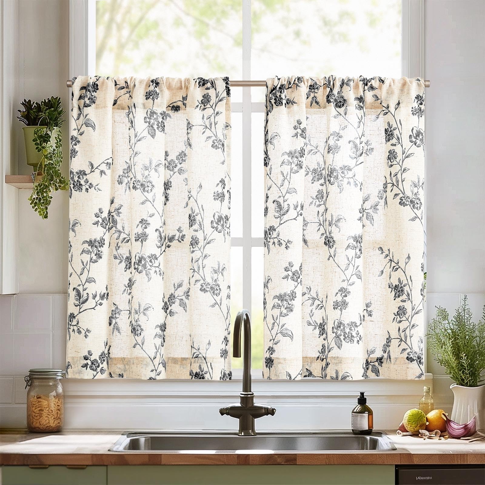 jinchan Floral Kitchen Curtains 26"W x 36"L (Pack of 2), Alisa Black on Linen