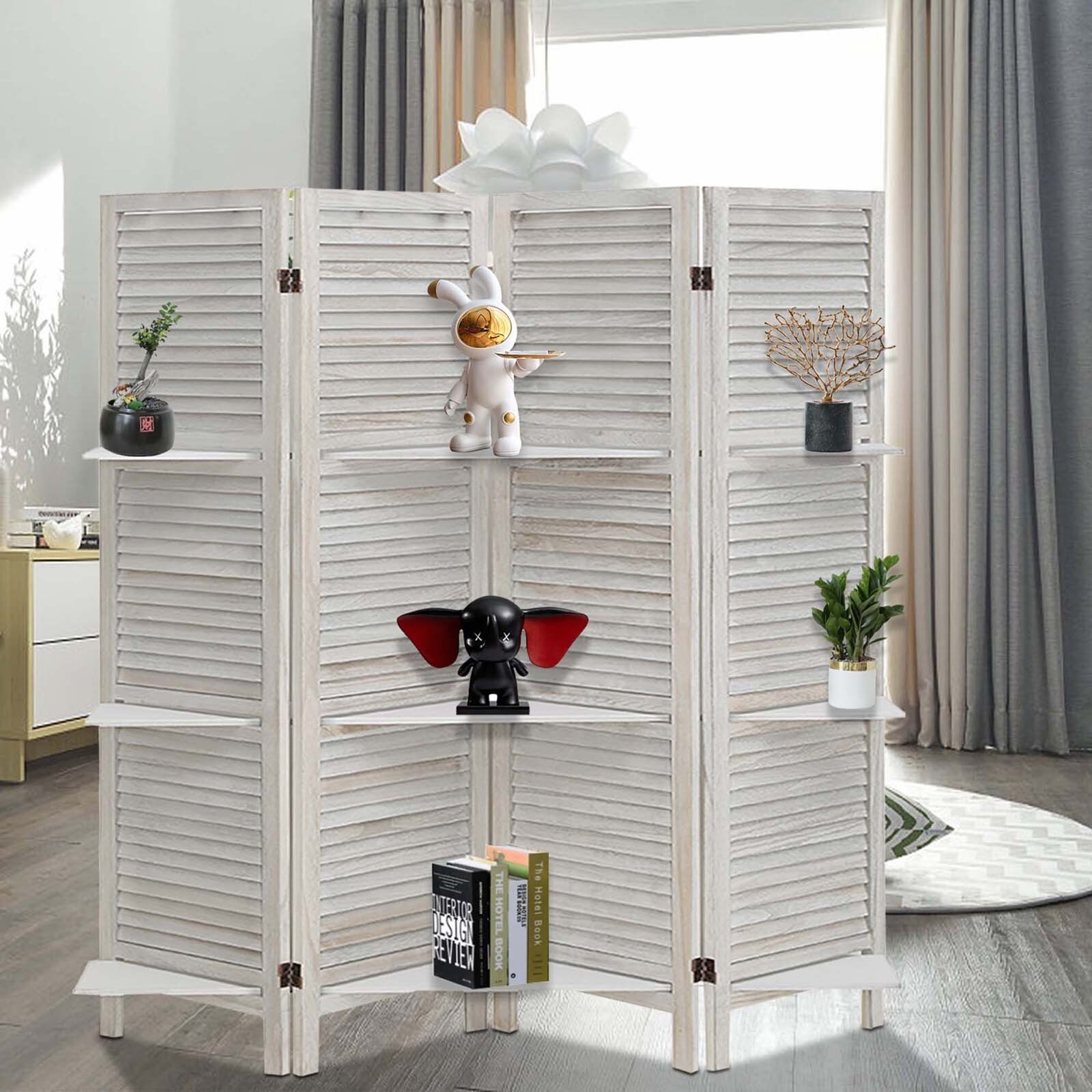4 Panel Wood Room Divider Folding Screen Partition Freestanding with Shelves