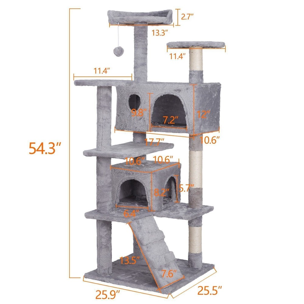 55" Cat Tree Tower Condo Scratching Post Kitten Activity W/3 Perches Light Grey