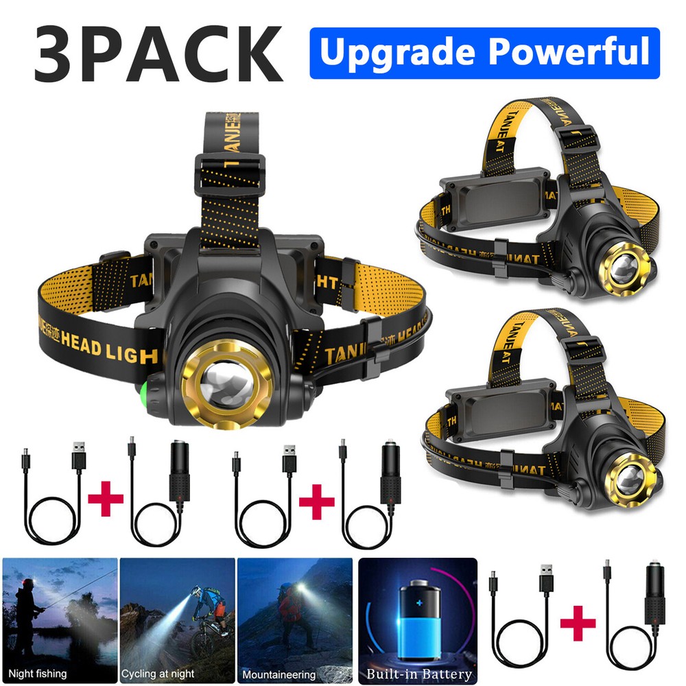 3x 12000000lm LED Headlamp USB Rechargeable Headlight Head Torch Lamp Flashlight
