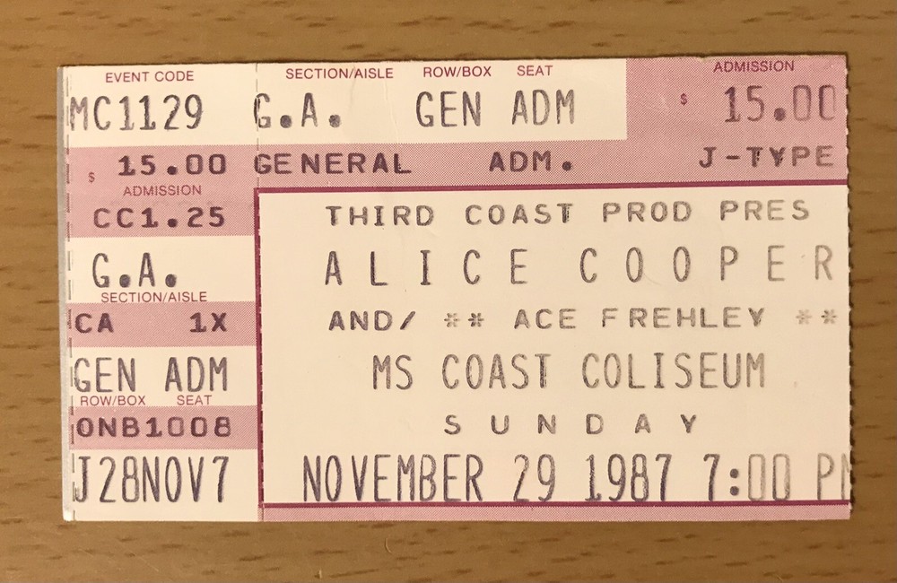 1987 ALICE COOPER / ACE FREHLEY IN THE FLESH TOUR BILOXI MS CONCERT TICKET STUB