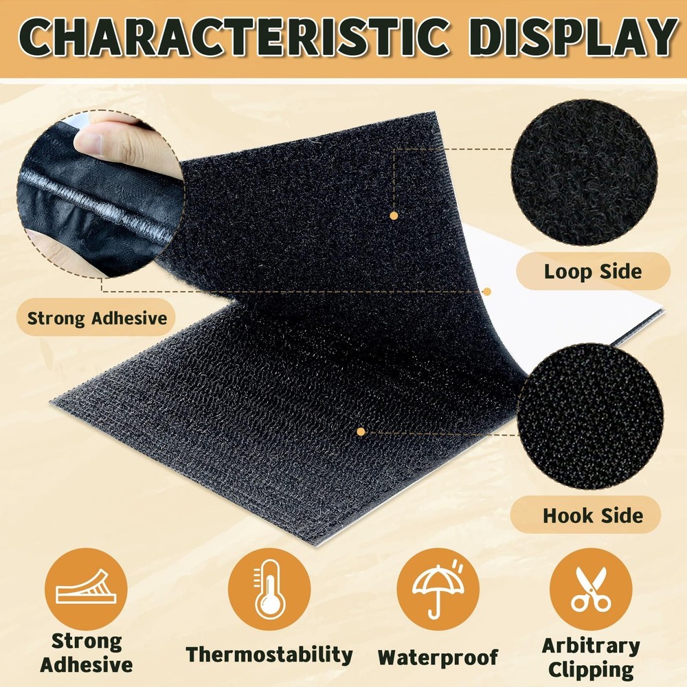 12 Sets 4x6 inch Hook and Loop Strips with Adhesive,Black Hook and Loop Self...
