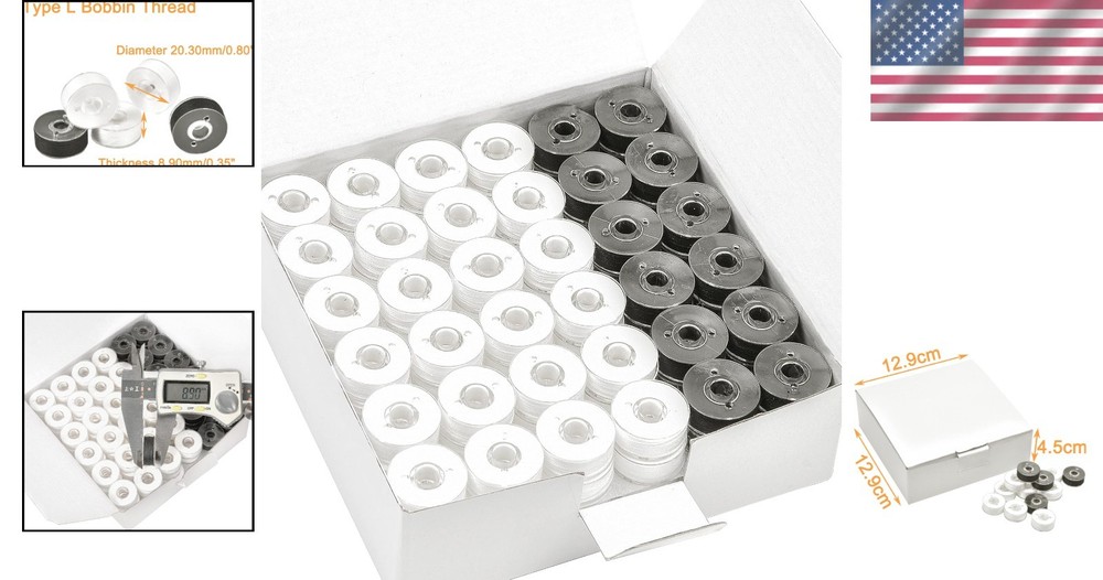 144-Pcs Prewound Type L Bobbin Threads - 96 White + 48 Black - Soft Polyester