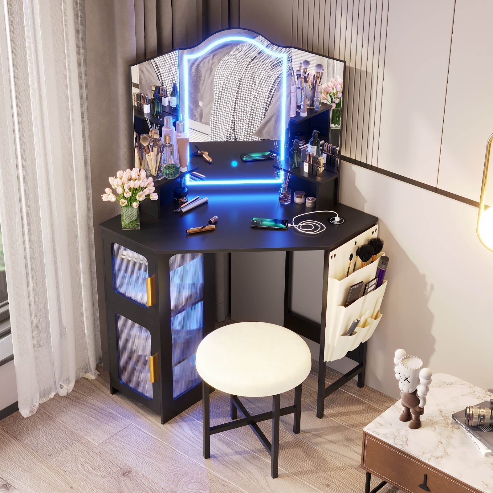 Corner Vanity Desk with Mirror and Lights, Makeup Vanity with Charging Station