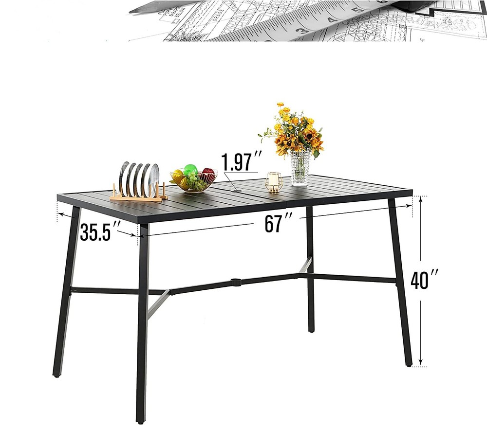 67"Outdoor Rectangular Dining Table Patio Yard Bar Table with 1.97"Umbrella Hole