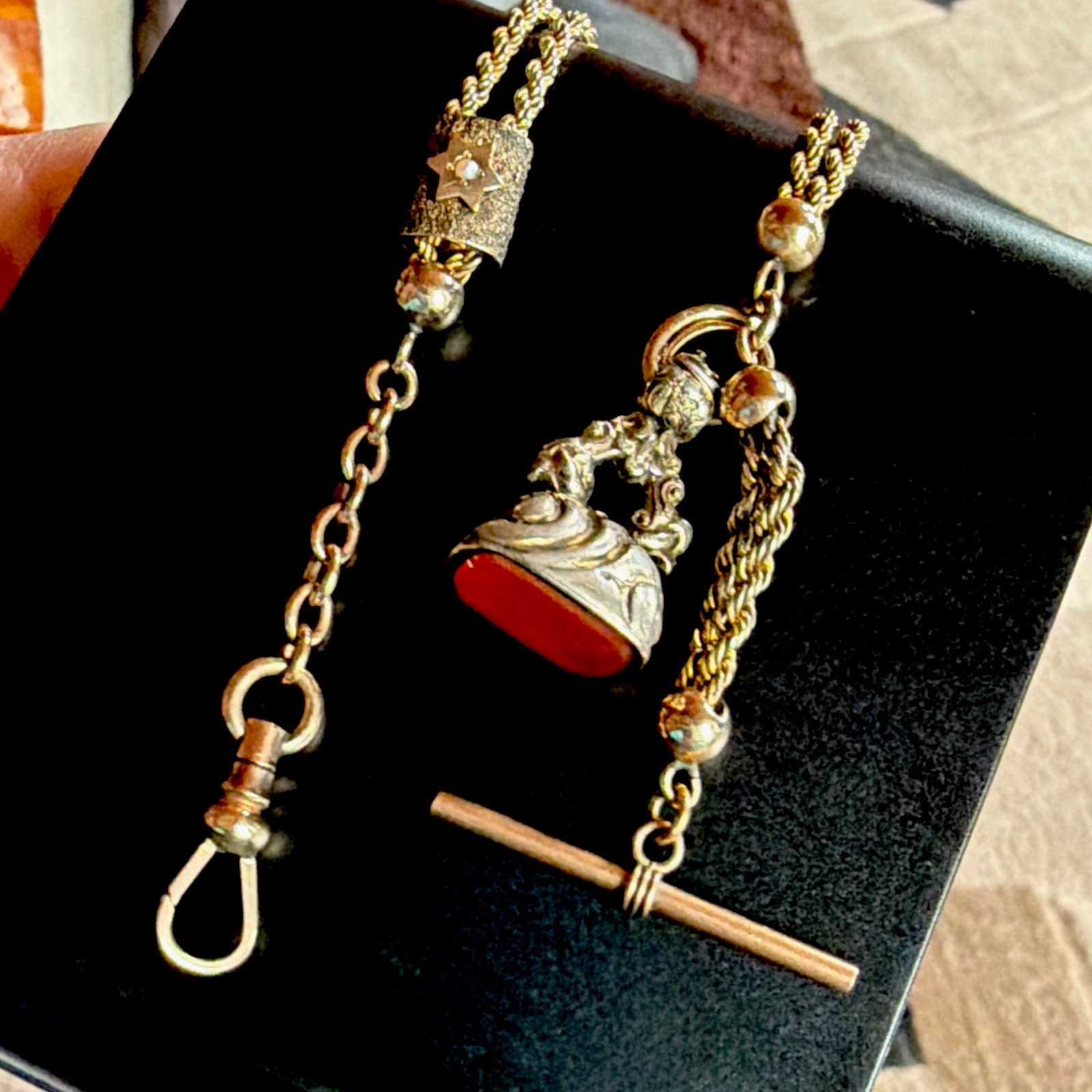 Victorian RFS Gold Tone Rope Link Watch Slider Chain Old Carnelian Fob 14k Tbar