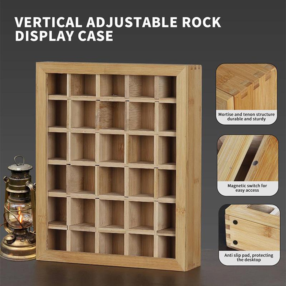 30-Grid Wooden Display Box for Crystals Rocks Minerals Collectibles Adjustable