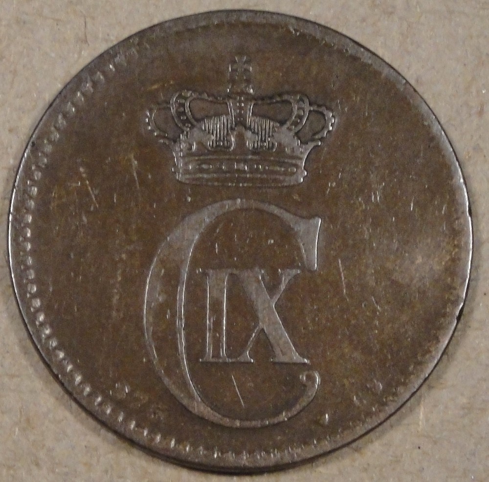 Denmark 1875 5 Ore Low-Mid Grade Coin Small Dent on Dolphin's Back which shows o