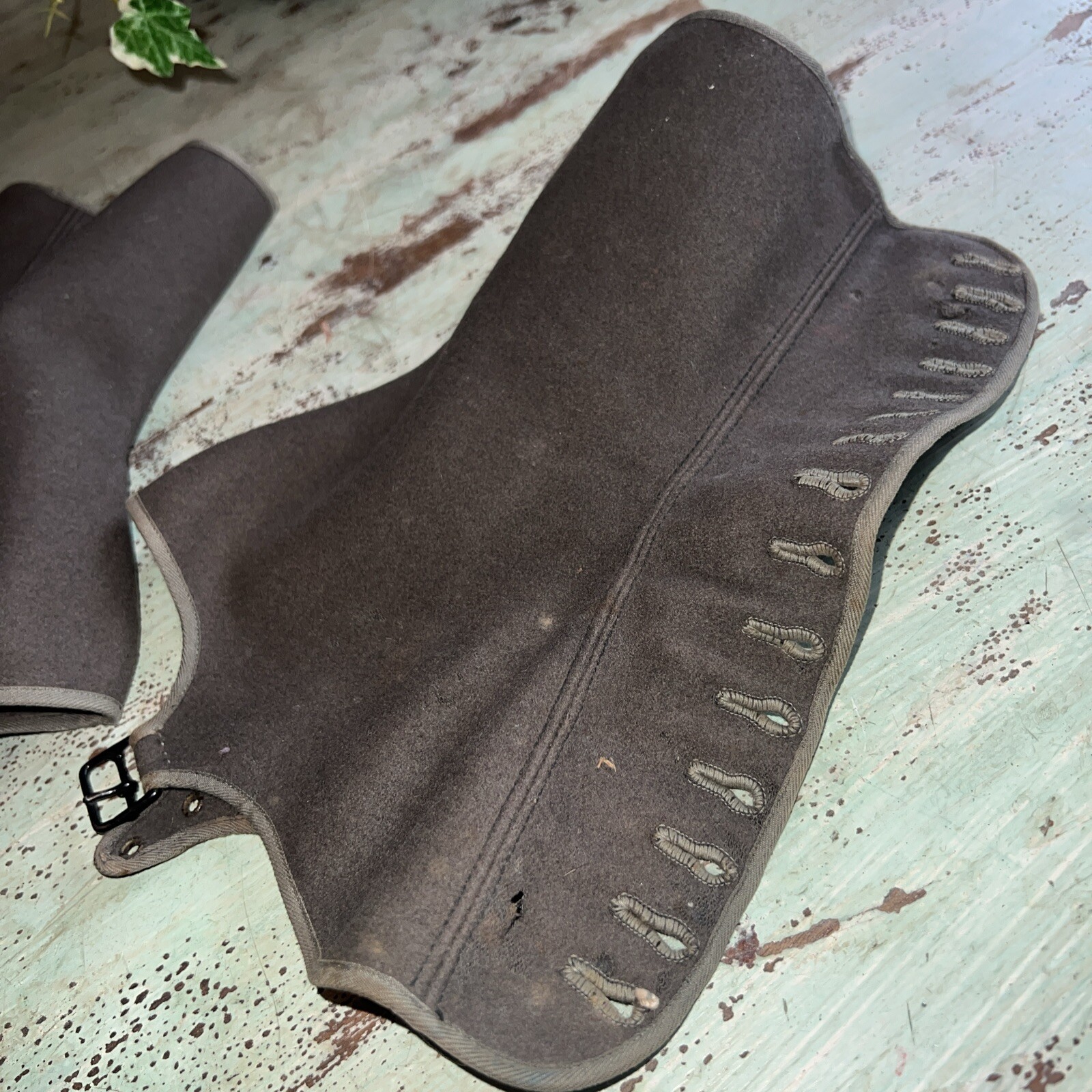 Antique Wool High 15 Button Foot Buckle Strap Pair of Spats.