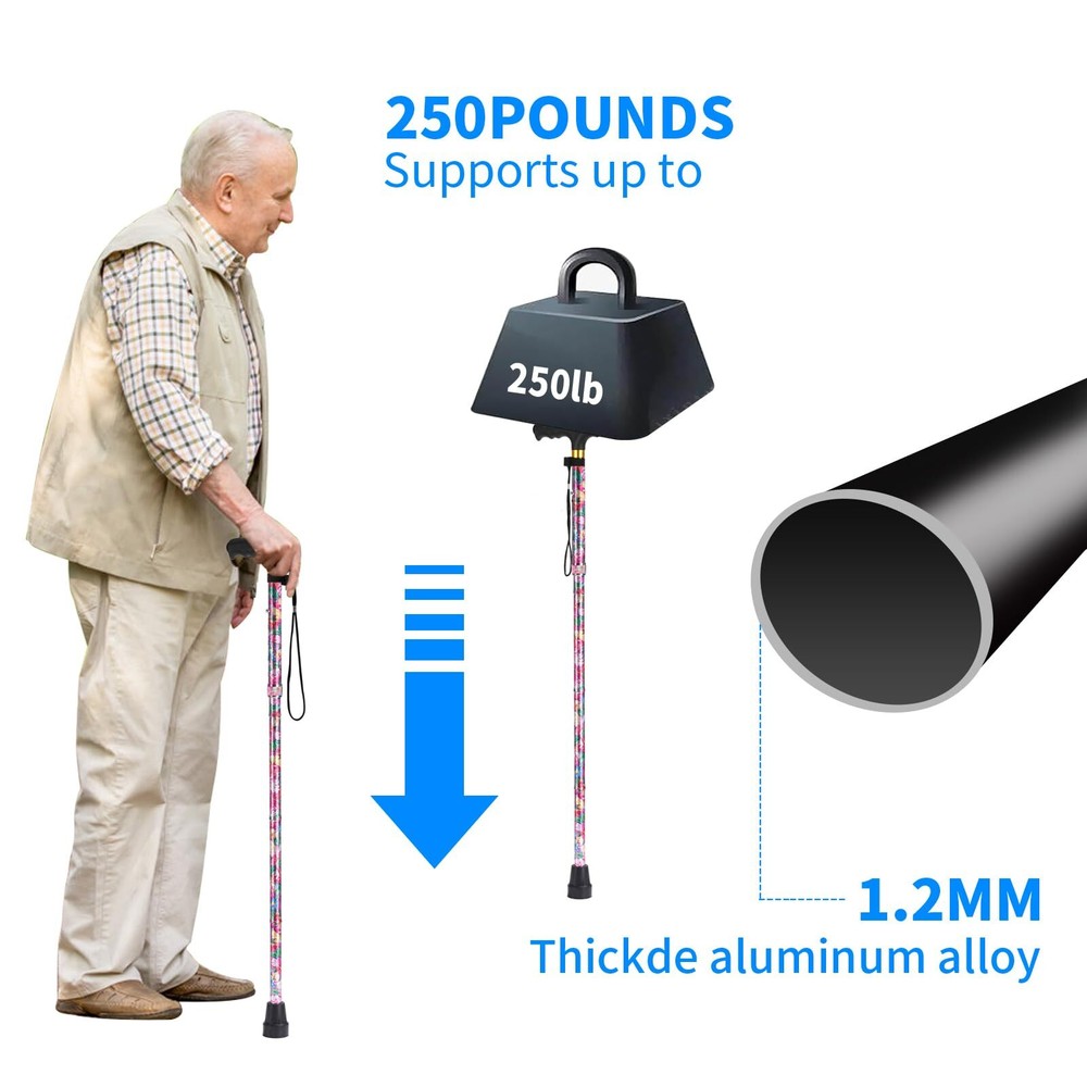 Folding Cane 5-Level Adjustable Height Walking Stick Lightweight Portable