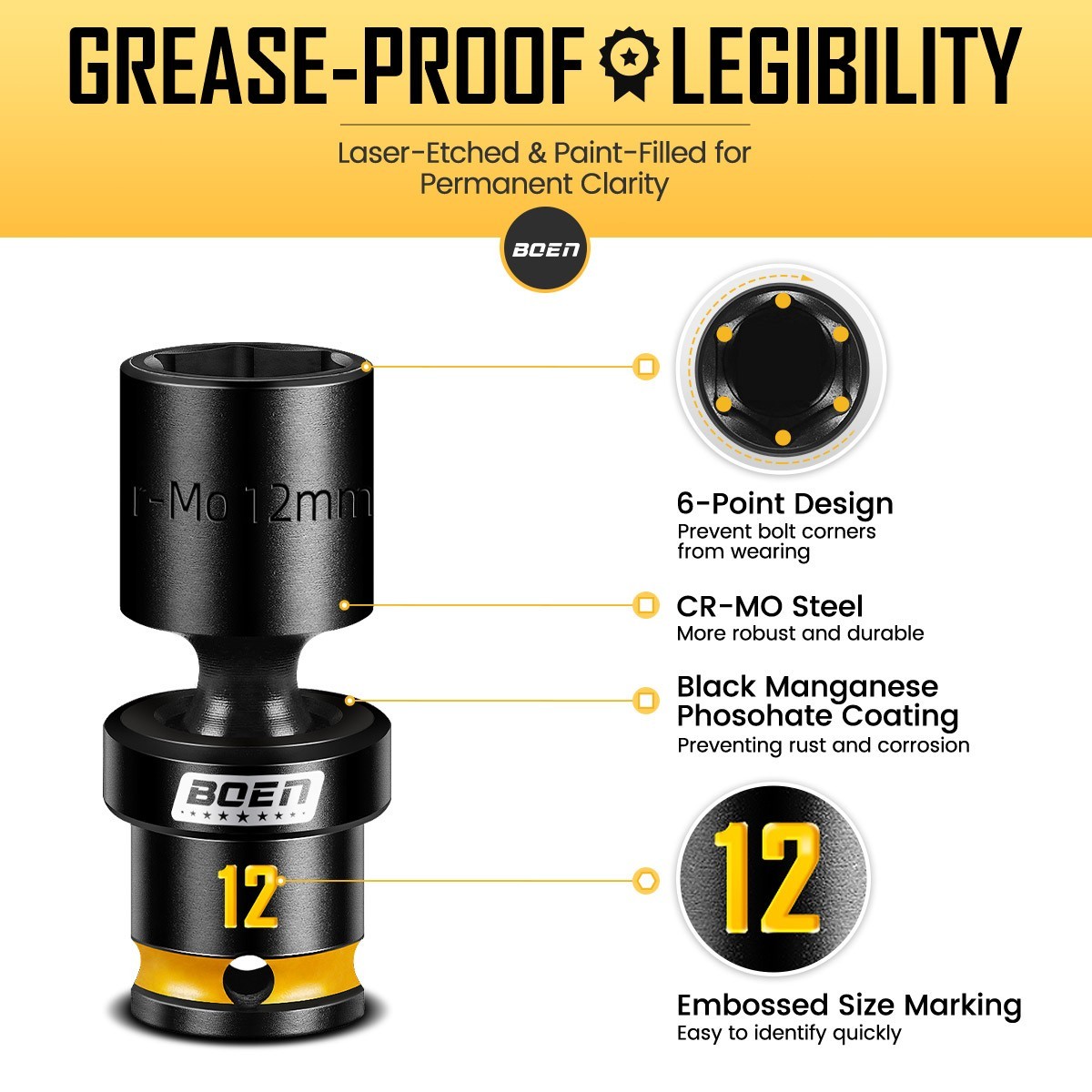 12-Piece 1/4” Drive Impact Swivel Socket Set, Metric 5mm-15mm , CR-MO Steel