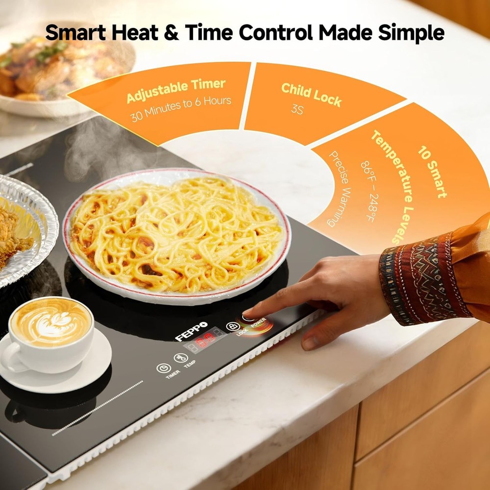 FEPPO Electric Warming Tray with Independent Temp & Timer Control, 2-in-1 Modula