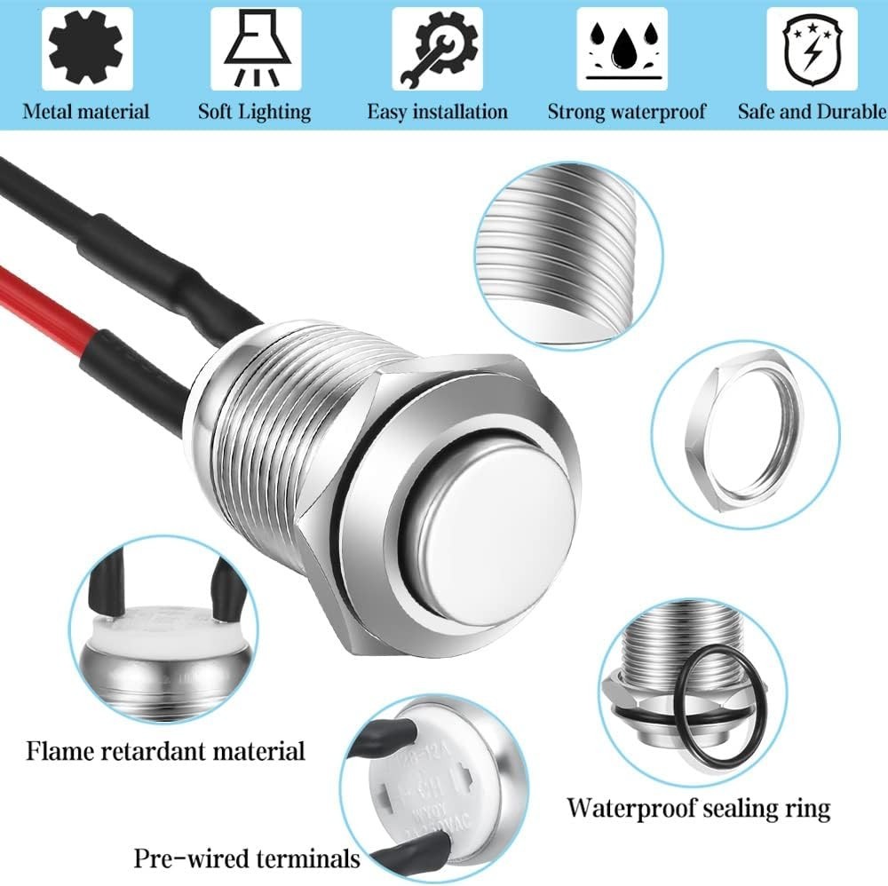 3 Pcs Latching Waterproof Push Button Switch, 12mm & Self-Locking Switches
