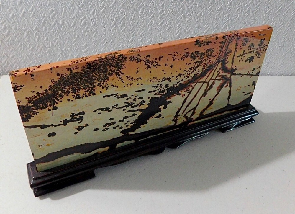 Antique Dendritic Agate Stone. Slab Display with Stand