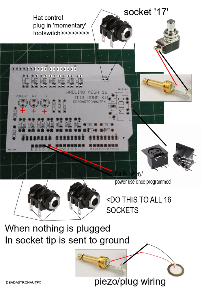 MEGA 16 MIDI DRUM TRIGGER KIT DIY PCB ARDUINO SHIELD (Deadastronautfx)