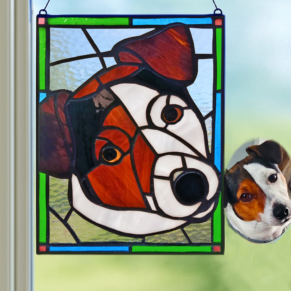 Custom Stained Glass Pet Portrait Panel – Dog Cat Memorial Keepsake – Handmade