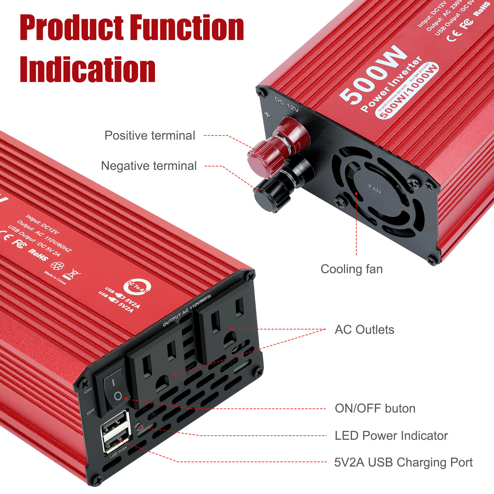 500W Car Power Inverter DC 12V To AC 110V 120V Adapter Converter 2 USB 2 AC