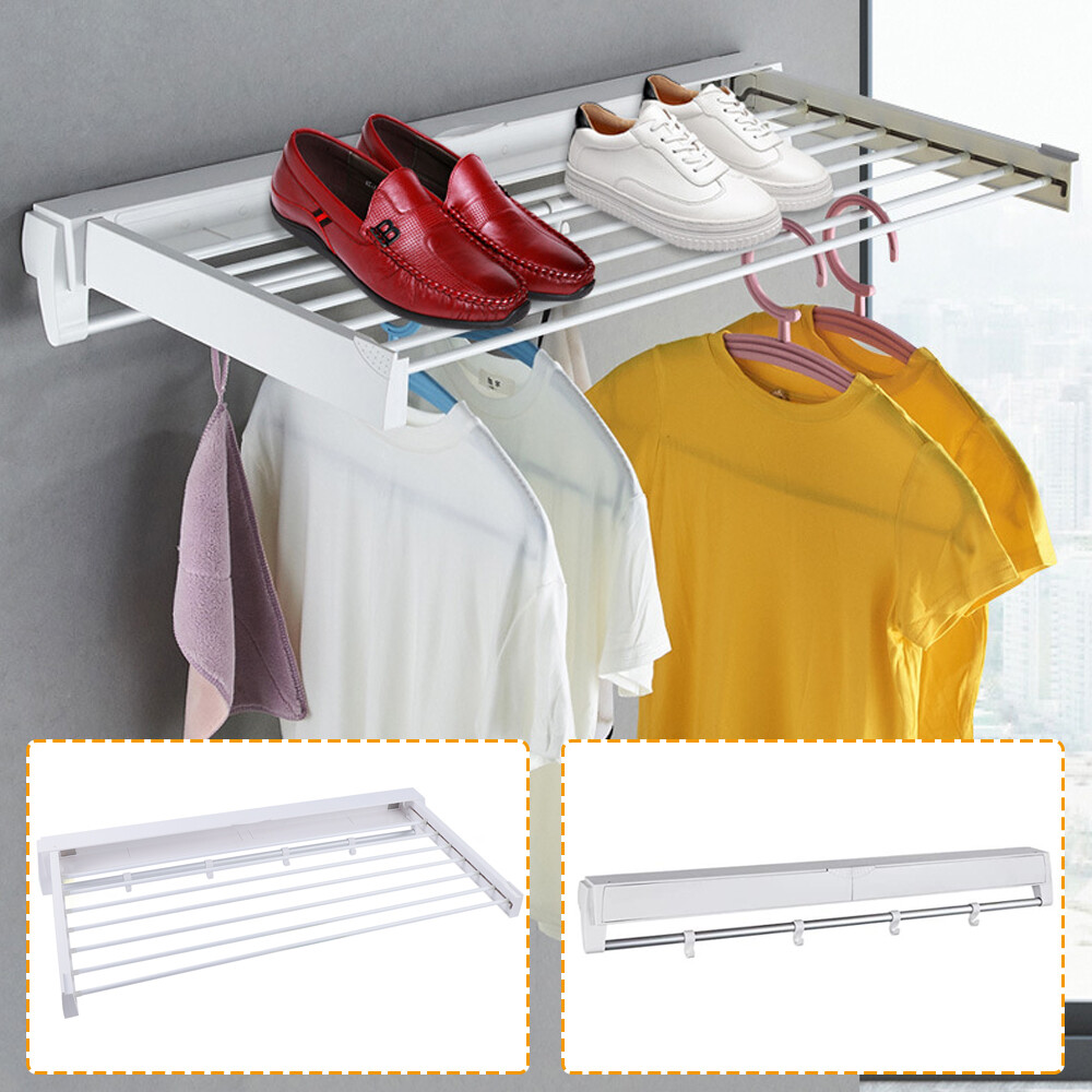 Wall-mount Laundry Clothes Storage Drying Rack White Retractable Dryer Hanger