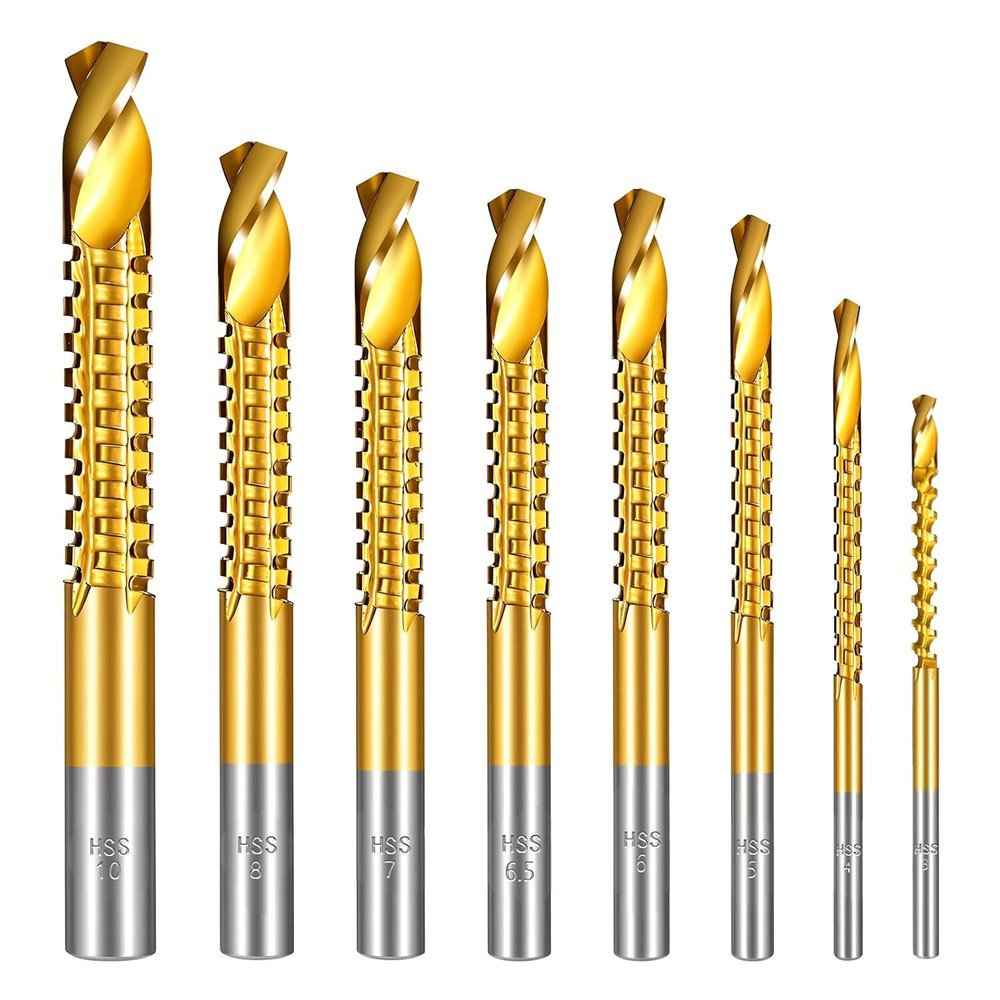 8 Pack Titanium Coated HSS Twist Drill Bits, 3-10mm Serrated Side Cutting Dri...