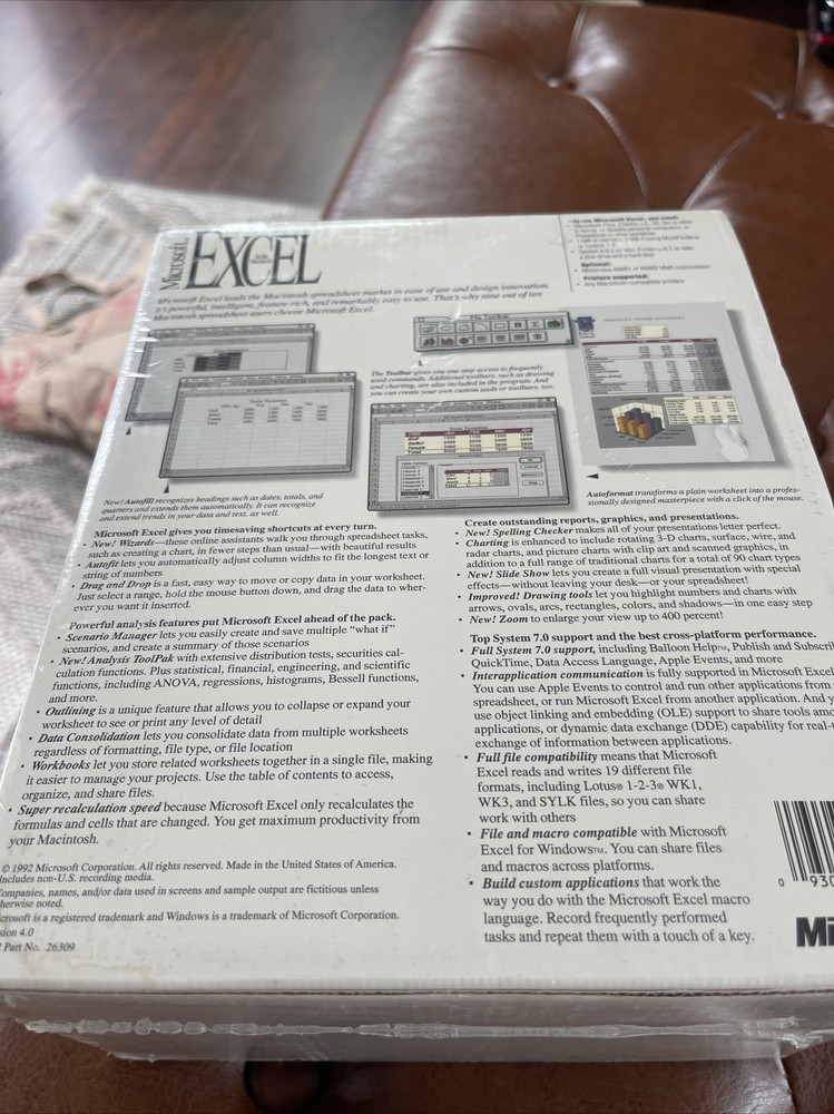 Microsoft Excel 4.0 Spreadsheet Software for Vintage Macintosh Computer Sealed